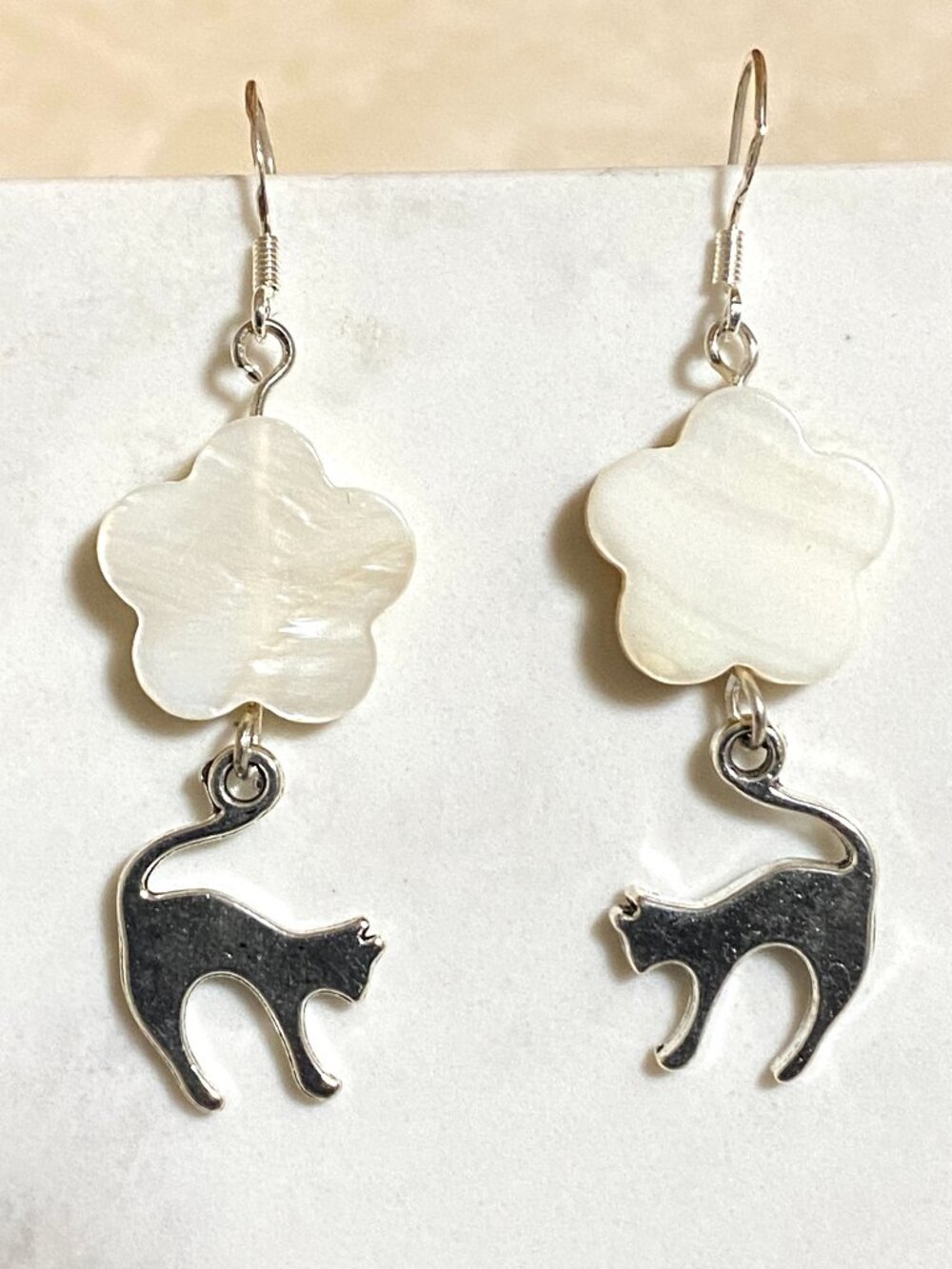 2/$20, Mother of Pearl Flower & Slim Cat Dangle Earrings w/ Sterling Silver Hook